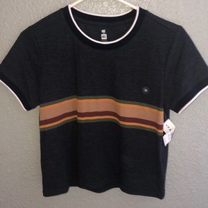 blue and tan cropped t-shirt